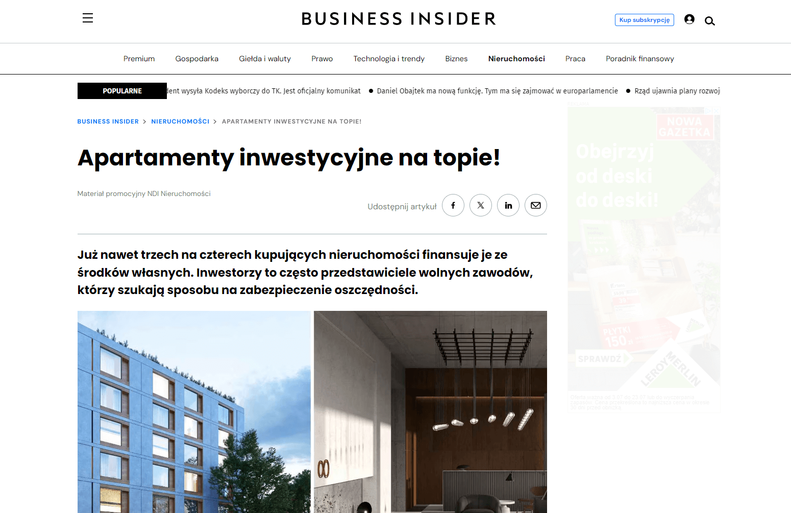 Zrzut ekranu artykułu Business Insider w języku polskim zatytułowanego „Apartamenty inwestycyjne na topie!” W artykule omówiono popularność mieszkań inwestycyjnych, przedstawiając wizerunki nowoczesnych budynków i wnętrz. Na górze widoczny jest pasek nawigacyjny serwisu oraz szczegóły publikacji.