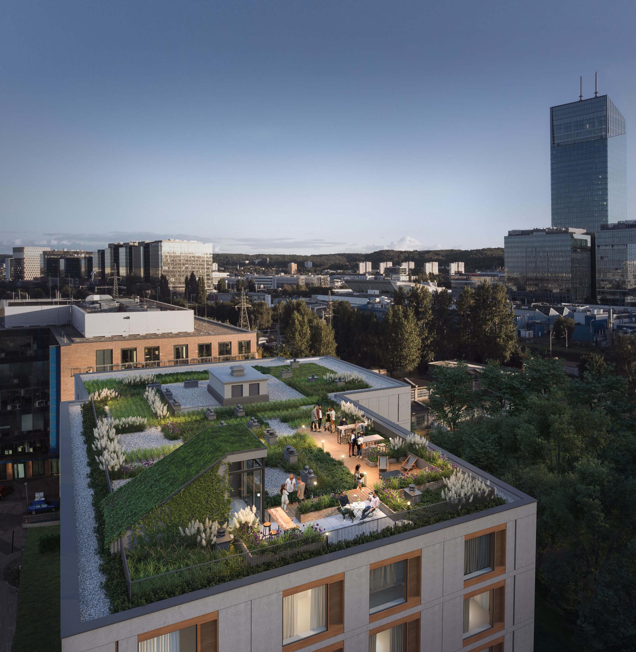 Apartamenty Inwestycyjne Śląska Osiem - strefa rekreacji na zielonym dachu